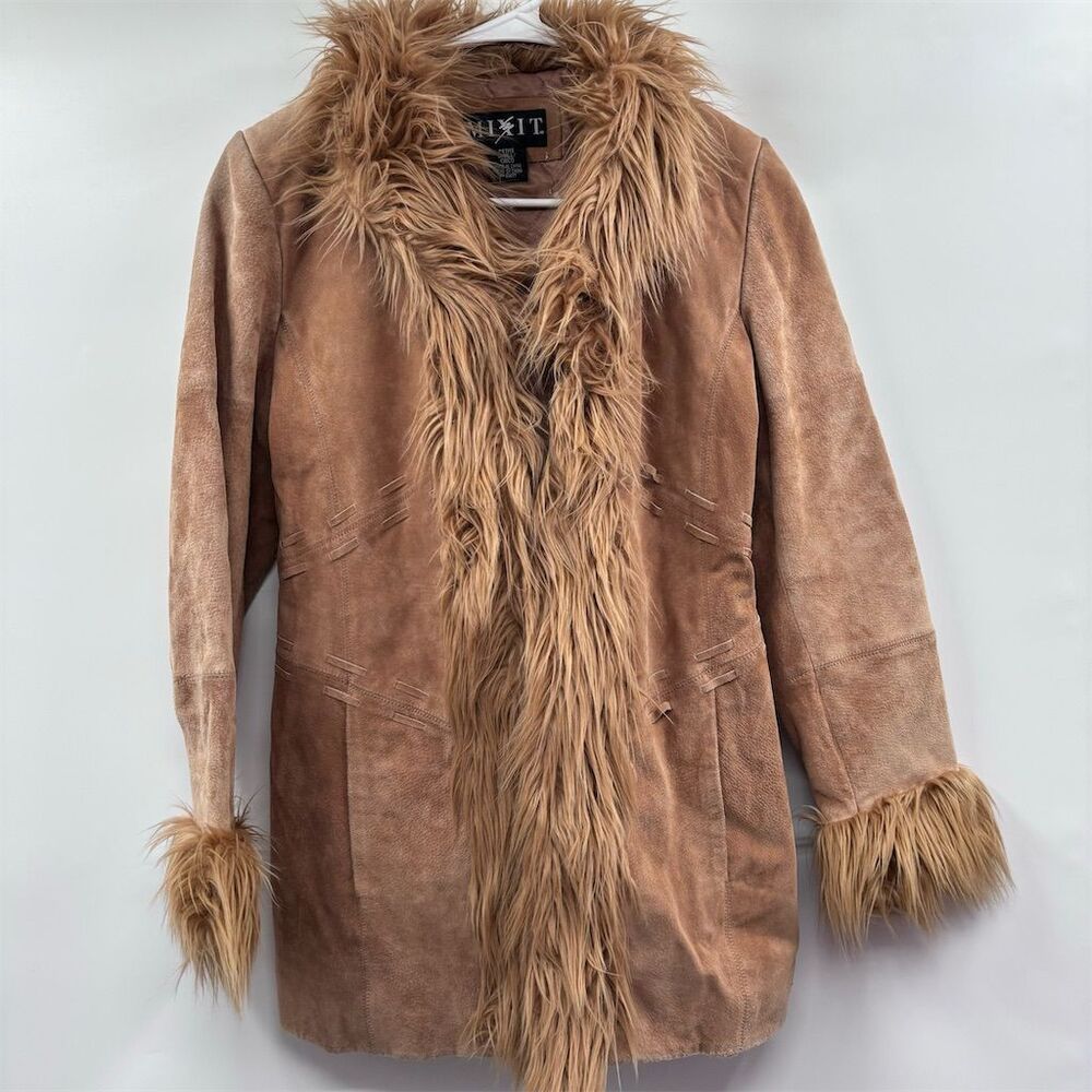 Mixit Women's Faux Suede Fur Lined Penny Lane Coat Brown Size S Vintage Y2K
